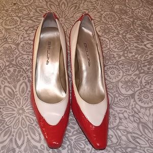 Womens red and white leather high heeled shoes